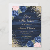 Navy Blue Blush Gold Wood Floral Weduwfoto Save The Date (Achterkant)