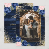 Navy Blue Blush Gold Wood Floral Weduwfoto Save The Date (Voorkant / Achterkant)