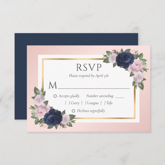 Navy Blue Blush Goud Bloemen Bruiloft RSVP Kaarten (Voorkant / Achterkant)