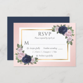 Navy Blue Blush Goud Bloemen Bruiloft RSVP Kaarten