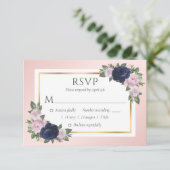 Navy Blue Blush Goud Bloemen Bruiloft RSVP Kaarten Kaartje (Staand voorkant)