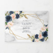 Navy Blue Blush Marble Geometric Floral Drieluik Uitnodiging (Cover)