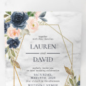 Navy Blue Blush Marble Geometric Floral Drieluik Uitnodiging (Binnenzijde eerst)