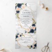 Navy Blue Blush Marble Geometric Floral Drieluik Uitnodiging (Binnen)
