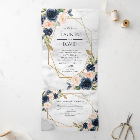 Navy Blue Blush Marble Geometric Floral Drieluik Uitnodiging (Binnen)