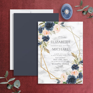 Navy Blue Blush Marble Geometric Floral Wedding Kaart