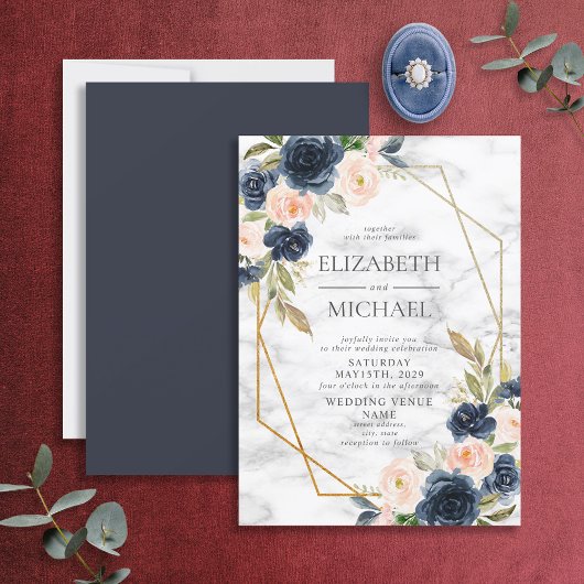 Navy Blue Blush Marble Geometric Floral Wedding Kaart