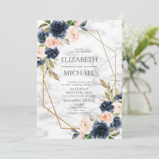 Navy Blue Blush Marble Geometric Floral Wedding Kaart (Staand voorkant)
