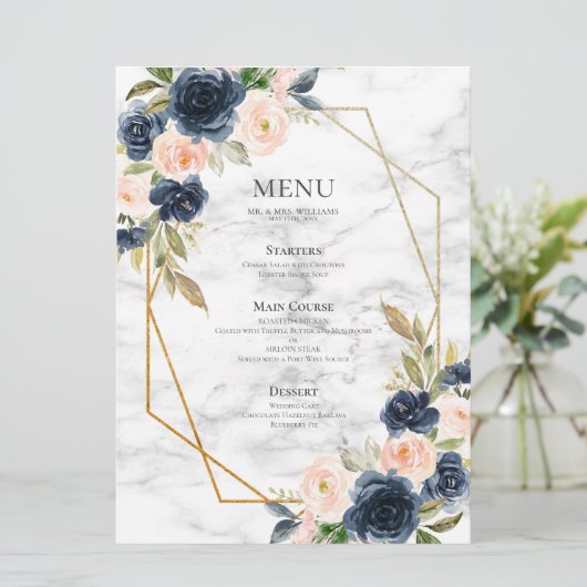 Navy Blue Blush Marble Geometric Floral Wedding Menu (Staand voorkant)