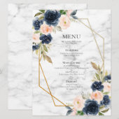 Navy Blue Blush Marble Geometric Floral Wedding Menu (Voorkant / Achterkant)