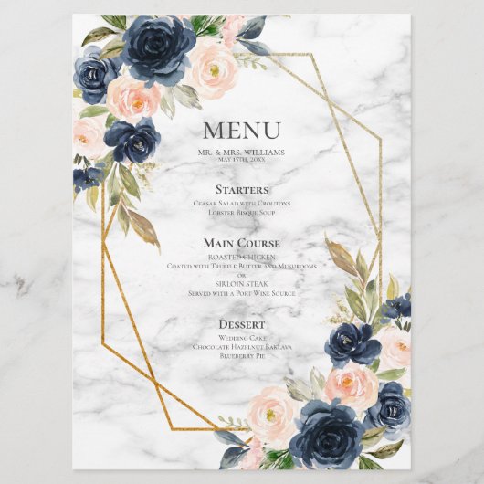 Navy Blue Blush Marble Geometric Floral Wedding Menu (Voorkant)