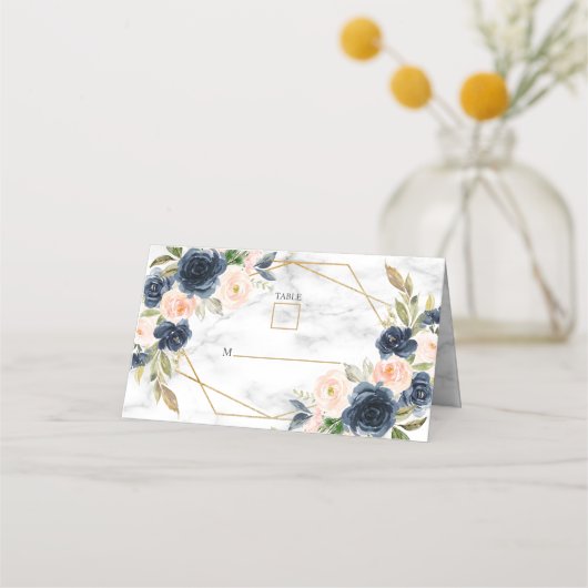 Navy Blue Blush Marble Geometric Floral Wedding Plaatskaartje (Voorkant)