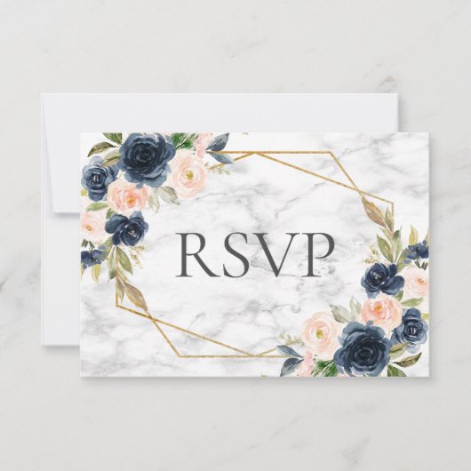 Navy Blue Blush Marble Geometric Floral Wedding RSVP Kaartje (Voorkant)