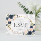 Navy Blue Blush Marble Geometric Floral Wedding RSVP Kaartje (Staand voorkant)