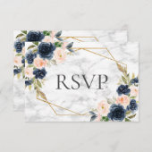 Navy Blue Blush Marble Geometric Floral Wedding RSVP Kaartje (Voorkant / Achterkant)