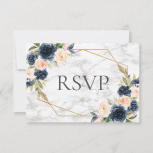 Navy Blue Blush Marble Geometric Floral Wedding RSVP Kaartje