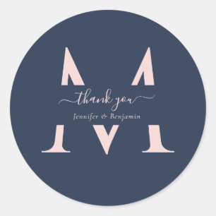 Navy Blue Blush Monogram bruiloft gunst dank u Ronde Sticker