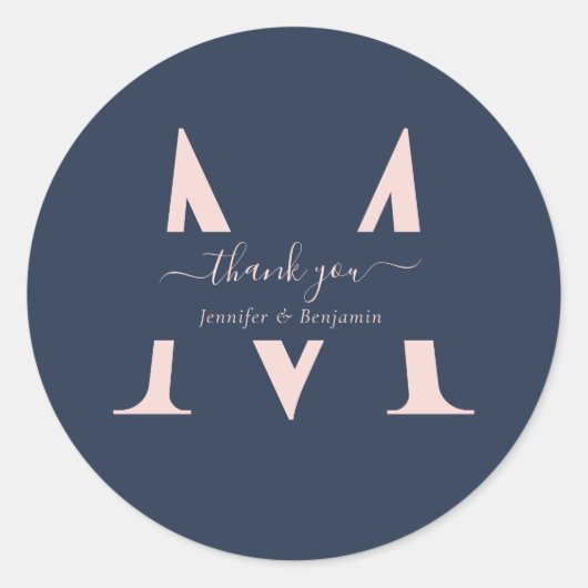 Navy Blue Blush Monogram bruiloft gunst dank u Ronde Sticker (Voorkant)