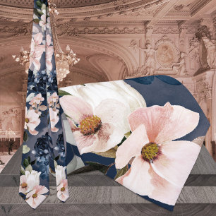 Navy Blue & Blush Peonies & Lilies Wedding Stropdas