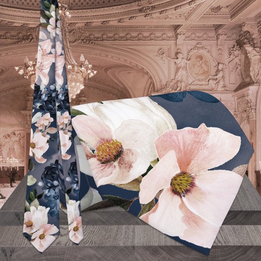 Navy Blue & Blush Peonies & Lilies Wedding Stropdas