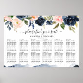 Navy Blue Blush Pink Botanical Seating Chart Poster (Voorkant)