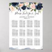 Navy Blue Blush Pink Botanical Seating Chart Poster (Voorkant)