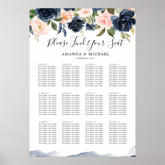 Navy Blue Blush Pink Botanical Seating Chart Poster (Voorkant)