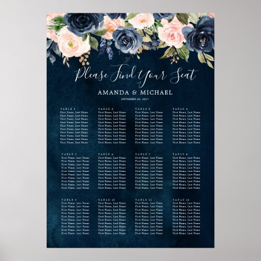 Navy Blue Blush Pink Botanical Seating Chart Poster (Voorkant)