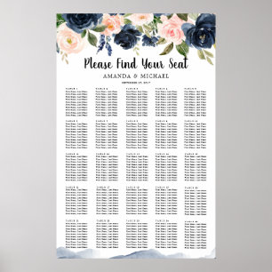 Navy Blue Blush Pink Botanical Seating Chart Poster