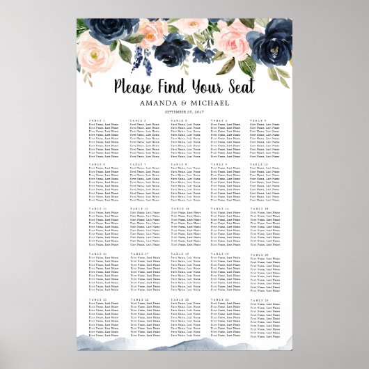 Navy Blue Blush Pink Botanical Seating Chart Poster (Voorkant)