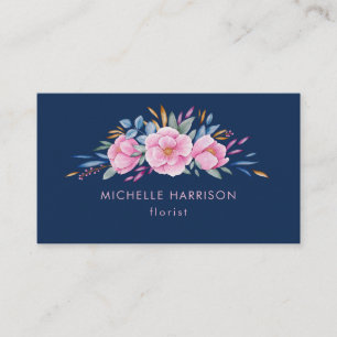 Navy Blue Blush Pink Bouquet Floral Waterverf Visitekaartje