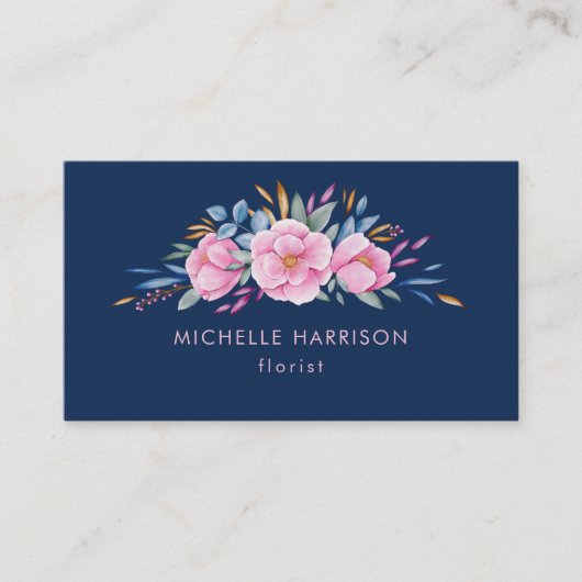 Navy Blue Blush Pink Bouquet Floral Waterverf Visitekaartje (Voorkant)