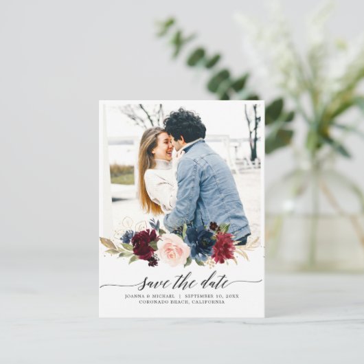 Navy Blue Blush Pink Burgundy Foto bewaart de datu Briefkaart (Staand voorkant)