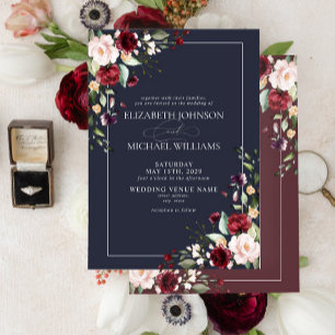Navy Blue Blush Pink Burgundy Red Floral Weddensch Kaart