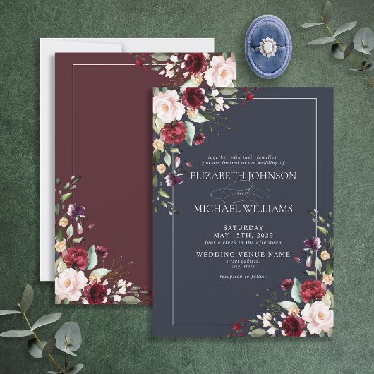 Navy Blue Blush Pink Burgundy Red Floral Weddensch Kaart
