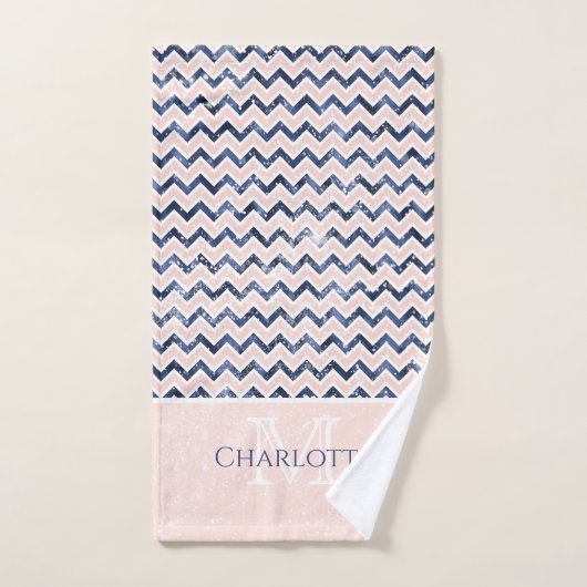 Navy Blue Blush Pink Chevron Glitter Name Initiaal Bad Handdoek (Handdoek)