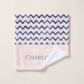Navy Blue Blush Pink Chevron Glitter Name Initiaal Bad Handdoek (Wasdoekje)