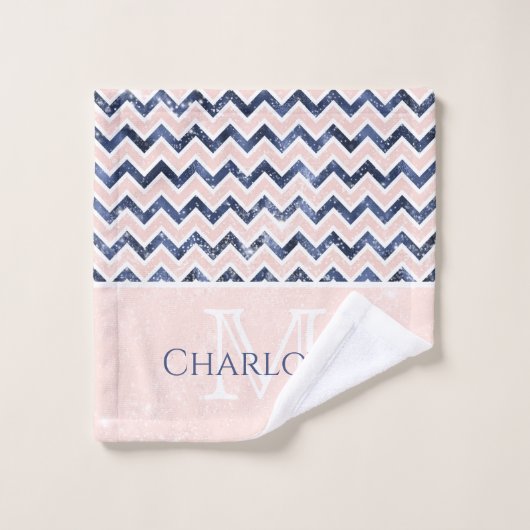Navy Blue Blush Pink Chevron Glitter Name Initiaal Bad Handdoek (Wasdoekje)