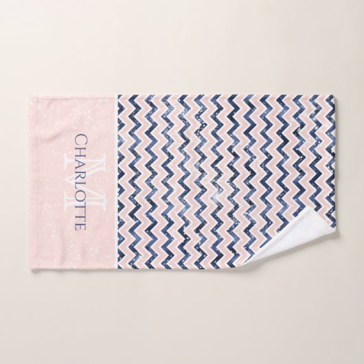 Navy Blue Blush Pink Chevron Glitter Name Initiaal Bad Handdoek (Handdoek)
