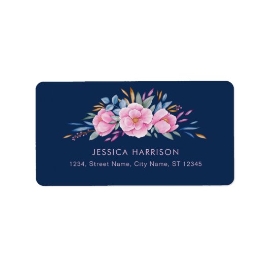 Navy Blue Blush Pink Colorful Floral Waterverf Etiket (Voorkant)