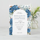 Navy Blue Blush Pink Dusty Floral Arch Wedding Kaart (Staand voorkant)