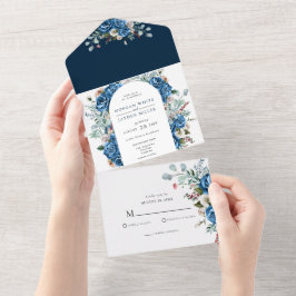 Navy Blue Blush Pink Dusty Floral Wedding All In One Uitnodiging