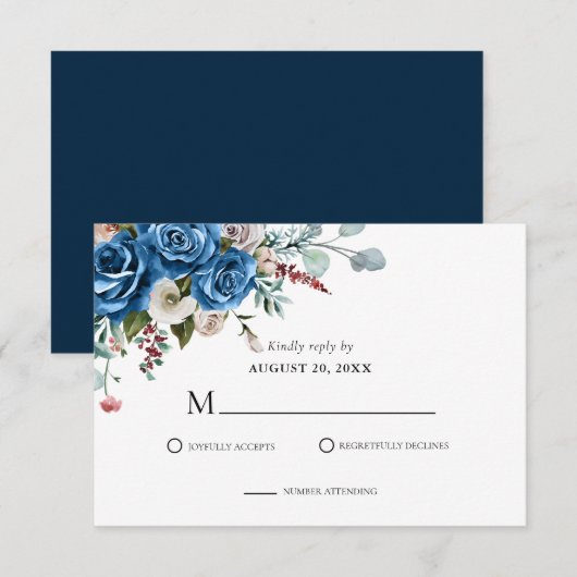 Navy Blue Blush Pink Dusty Floral Wedding RSVP Kaartje (Voorkant / Achterkant)