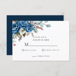Navy Blue Blush Pink Dusty Floral Wedding RSVP Kaartje