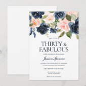 Navy Blue Blush Pink Floral 30th Birthday Party Kaart (Voorkant / Achterkant)