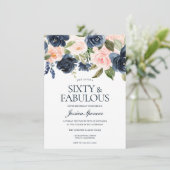 Navy Blue Blush Pink Floral 60th Birthday Party Kaart (Staand voorkant)
