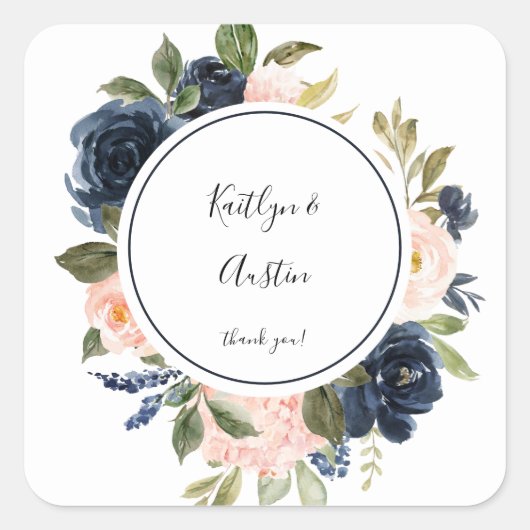 Navy Blue & Blush Pink Floral bedankt Vierkante Sticker (Voorkant)