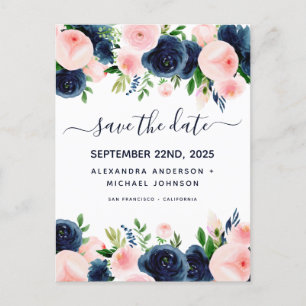 Navy Blue Blush Pink Floral Bewaar de datum Aankondigingskaart