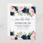 Navy Blue Blush Pink Floral Bewaar de datum Aankondigingskaart (Voorkant / Achterkant)