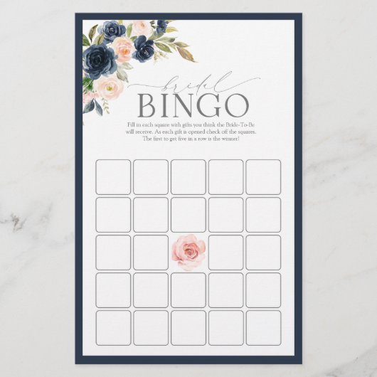 Navy Blue Blush Pink Floral Bingo Game (Voorkant)